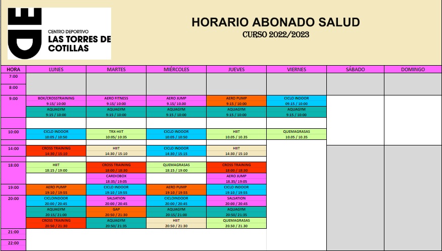 NUEVOS HORARIOS ABONADO SALUD 2022 - 2023